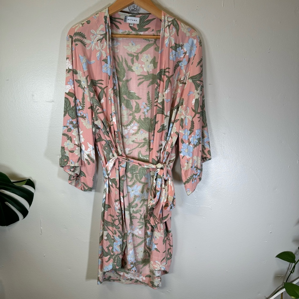 PIYAMA tropical print robe pink kimono floral botanic women medium large rayon